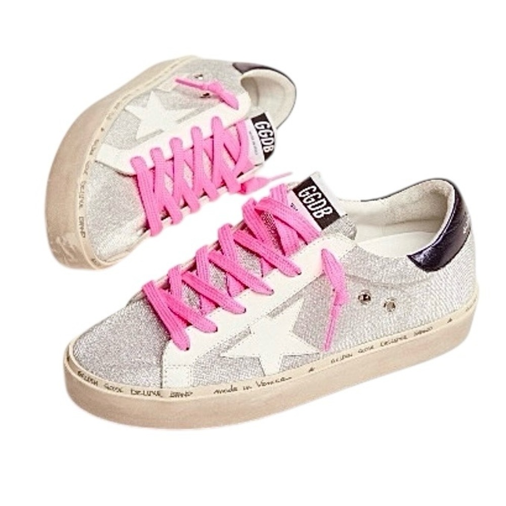 Golden Goose Deluxe Brand Hi Star Sneakers Size 40 US 10 Silver Checked Glitter - Picture 2 of 16